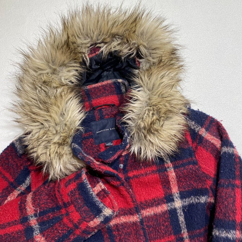American Eagle Wool blend Parka Coat womens L Red plaid Faux fur hooded winter